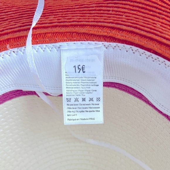 Multicolored straw woven floppy round Hat stripes tie pink orange white NWOT - Picture 4 of 6